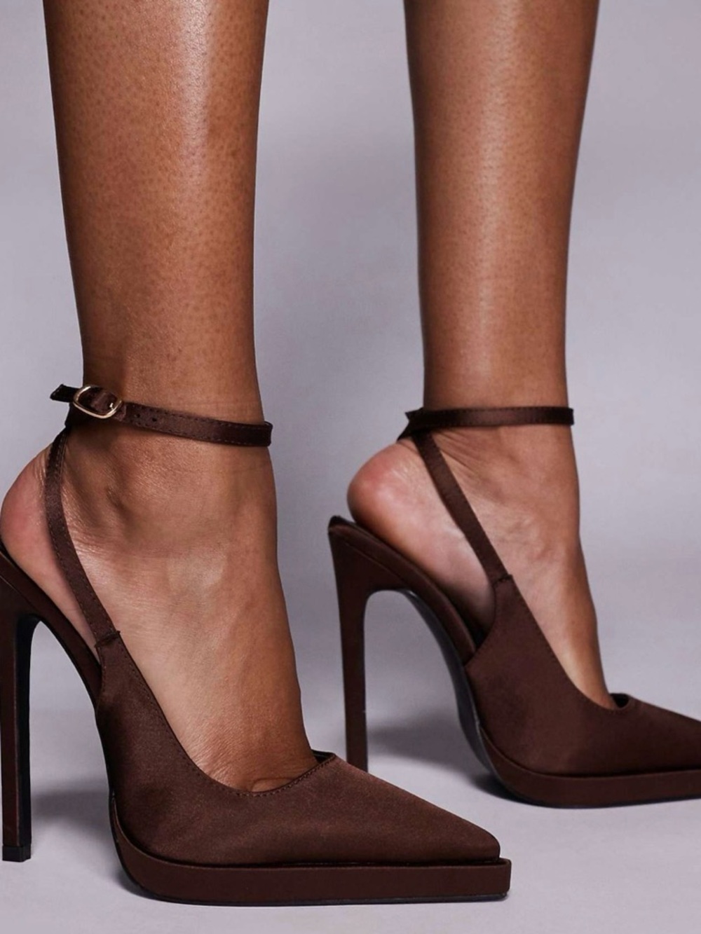 Sleek Brown Pointed-Toe Ankle-Strap Stiletto Heels